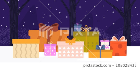 Gift concept. Christmas, valentines day presents boxes with bows on snowy landscape. Decorative gifting elements, vector cartoon holiday banner 108028435