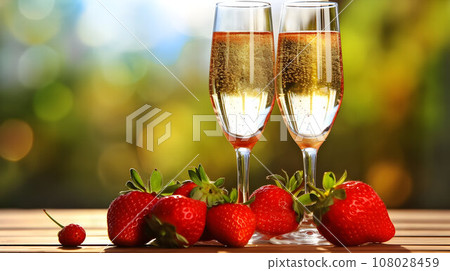 Two glasses of sparkling wine and ripe tasty strawberries, romantic drink, golden glitter background Two glasses of sparkling wine and ripe tasty strawberries, romantic drink, golden glitter background 108028459