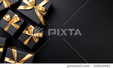 Black gift boxes arranged on dark background, black friday discounts concept 108028462