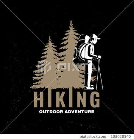 Hiking. Outdoor adventure. Vector illustration. Concept for shirt or logo, print, stamp, patch or tee. Vintage typography design with forest pine tree and hiker silhouette 108028540