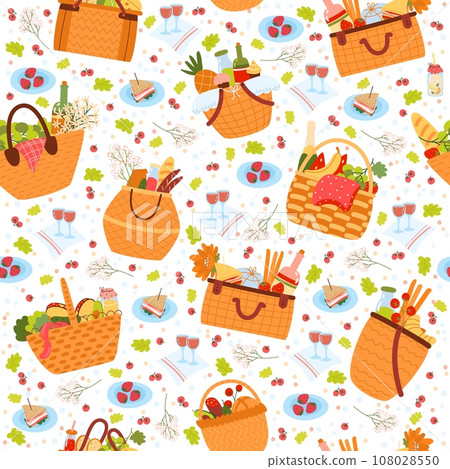 Seamless pattern with elements of outdoor recreation. Baskets with food. Decor picnic textile, wrapping paper, wallpaper design. Print for fabric. Cartoon flat isolated vector concept Seamless pattern with elements of outdoor recreation. Baskets with food. Decor picnic textile, wrapping paper, wallpaper design. Print for fabric. Cartoon flat isolated vector concept 108028550