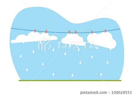 Pure white clouds hanging on clothesline. Rainy weather. Rain drops falling, blue sky. Meteorology sign, different season, climate control. Cartoon flat style isolated vector concept Pure white clouds hanging on clothesline. Rainy weather. Rain drops falling, blue sky. Meteorology sign, different season, climate control. Cartoon flat style isolated vector concept 108028553
