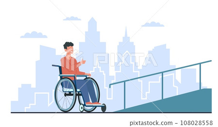 Man in wheelchair rejoices at presence of ramp. Comfortable urban environment for disability people. Accessibility and inclusivity. Access building cartoon flat isolated vector concept 108028558