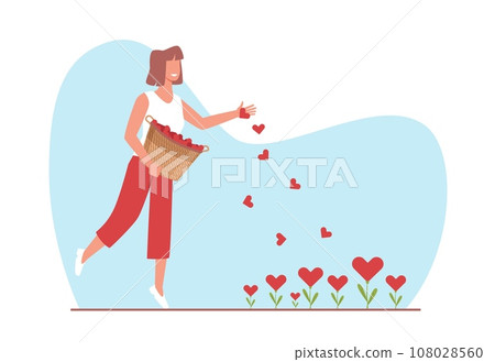 Joyful girl sows hearts as symbol of love and peace, hope and care. Adorable woman with basket. Romantic happy emotion. Red blossoms growing. Cartoon flat style isolated vector concept 108028560