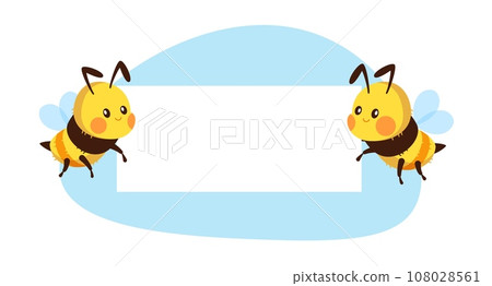 Joyful bees hold up white empty signboard. Cute pretty striped insect with banner. Poster with copy space. Bumblebee and beekeeper. Honey packaging. Cartoon flat isolated vector concept 108028561