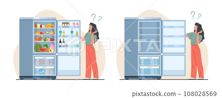 Girl stands by refrigerator full and empty. Female character looking in open fridge. Different products water, milk, fruit and vegetable, cartoon flat style isolated vector concept Girl stands by refrigerator full and empty. Female character looking in open fridge. Different products water, milk, fruit and vegetable, cartoon flat style isolated vector concept 108028569