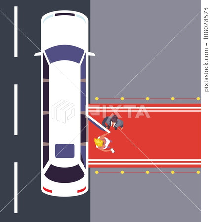 Famous people step out of white limousine onto red carpet. Top view, Glamour woman on festival or award ceremony. Female celebrity and driver. Cartoon flat style isolated vector concept Famous people step out of white limousine onto red carpet. Top view, Glamour woman on festival or award ceremony. Female celebrity and driver. Cartoon flat style isolated vector concept 108028573