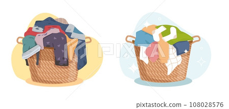 Dirty and clean clothes, washed laundry in hamper. Apparel heap with stains and fresh in baskets. Messy fabric cotton t-shirts and socks. Cartoon flat style isolated vector concept 108028576