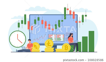 Businessmen investors use computer to trade cryptocurrency on screen with candlestick price chart. Tiny man and woman with laptop cartoon flat style isolated vector investment concept Businessmen investors use computer to trade cryptocurrency on screen with candlestick price chart. Tiny man and woman with laptop cartoon flat style isolated vector investment concept 108028586