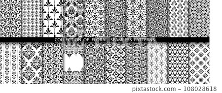 Geometric floral set of seamless patterns. White and black vector backgrounds. Damask graphic ornaments. Geometric floral set of seamless patterns. White and black vector backgrounds. Damask graphic ornaments. 108028618