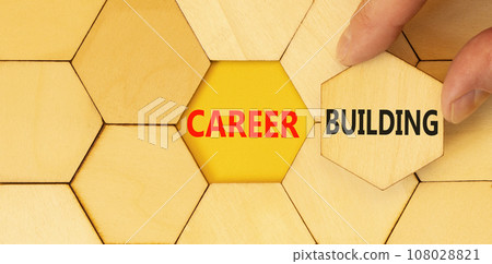 Career building symbol. Concept words Career building on beautiful wooden puzzle. Beautiful yellow background. Businessman hand. Business, motivational career building concept. Copy space. 108028821