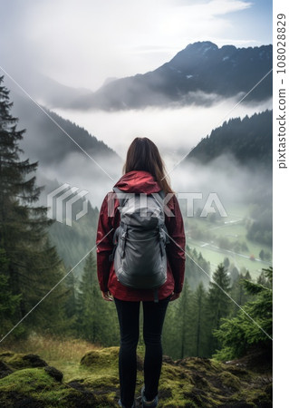 A young couple of hikers walk through the forest in rainy weather. 108028829