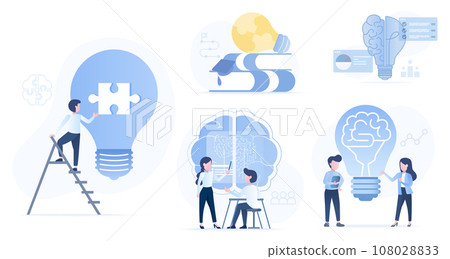 Brainstorming and planning ideas collection set. Scenes of brainstorming, learning, planning, creative thinking, problem solving, share and exchange data to achieve success. Flat vector illustration. 108028833