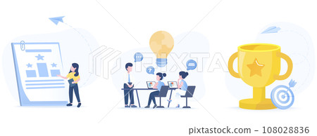 Business ideas collection set. Strategy management, tactical plans, brainstorming, meeting, discussion, questions and answers. Successful and growing business. Flat vector design illustration. Business ideas collection set. Strategy management, tactical plans, brainstorming, meeting, discussion, questions and answers. Successful and growing business. Flat vector design illustration. 108028836