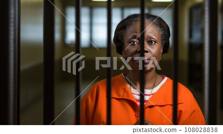 Mature African American female prisoner in orange uniform behind metal bars, looking at camera. Mature African American female prisoner in orange uniform behind metal bars, looking at camera. 108028838