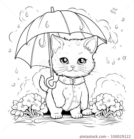 Cat In Rainy Day Coloring Page For Kids 108029122