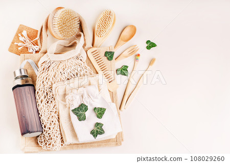 Personal care products made from natural materials.Flat lay of personal care zero waste supplies.Plastic-free concept.Items for hygiene and face and body care made of eco-friendly materials. Personal care products made from natural materials.Flat lay of personal care zero waste supplies.Plastic-free concept.Items for hygiene and face and body care made of eco-friendly materials. 108029260