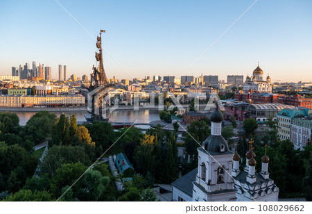 View of the monument to Peter the Great by Zurab Tsereteli in the center of the Russian capital on a summer morning 108029662