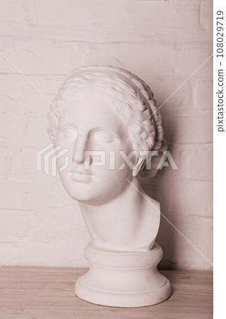 Plaster head of the statue against the background of a white brick wall 108029719