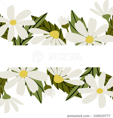 Template with White daisy, chamomile flowers. Vector illustration set. Cute round flower head plant nature collection. Decoration element with space for text. Flat design for cards, packaging Template with White daisy, chamomile flowers. Vector illustration set. Cute round flower head plant nature collection. Decoration element with space for text. Flat design for cards, packaging 108029777