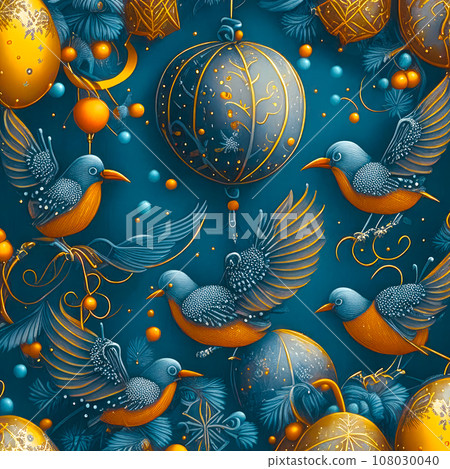 New Year, Christmas fantastic background with golden balls, snowflakes and birds New Year, Christmas fantastic background with golden balls, snowflakes and birds 108030040
