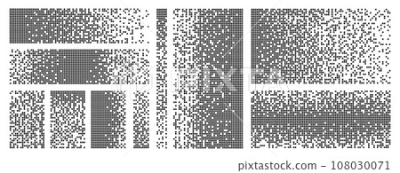 Dispersed elements. Pixelated squares, destruction on fragments. Flat black dispersion element, pixel disintegration backgrounds racy vector collection 108030071