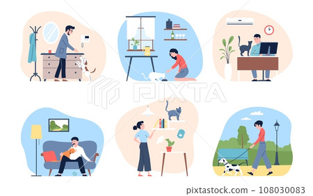 Pet owner at home and outdoor. People with cats and dogs, walking on nature, training and hugging. Animal care scenes recent flat vector graphic 108030083