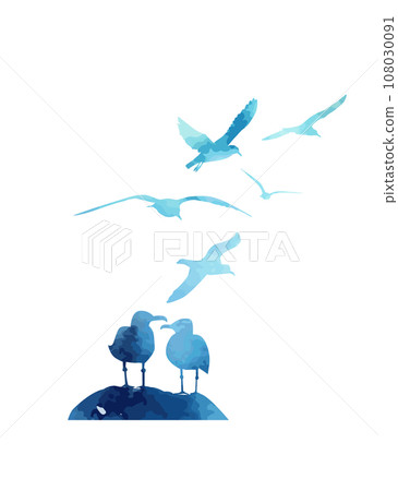 Watercolor blue seagulls on the sea. hand drawing. Not AI, Illustrat3. Vector illustration 108030091