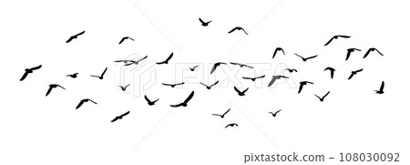 Flying birds silhouette flock. hand drawing. Not AI, Illustrat3 . Vector illustration 108030092