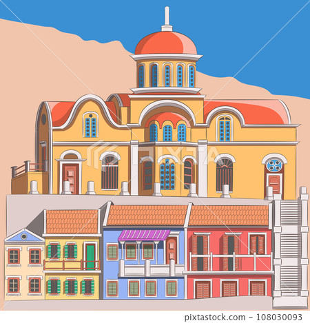 Traditional colorful houses with a church on the island of Symi. Greece. 108030093