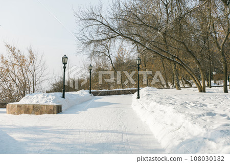 Snowy winter public park in city. Snowy walking path and frost trees. Cold season concept 108030182