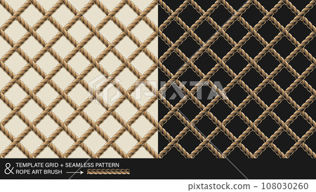 Seamless pattern with hemp rope net. Classic square geometric grid on white, black background. Rope pattern brush included. Vintage style. Not AI Seamless pattern with hemp rope net. Classic square geometric grid on white, black background. Rope pattern brush included. Vintage style. Not AI 108030260