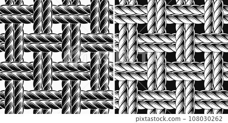 Set of seamless pattern with loose interwoven ropes. Mat, rug with traditional basket weave with two cords. Burlap weave. Vintage style. Not AI 108030262