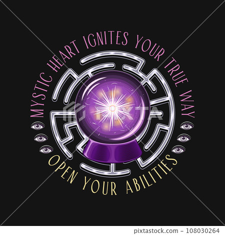 Label with text, labyrinth, magic crystal ball with flashes inside. Glowing glass orb with light inside for clairvoyant witchcraft. Prediction, occult, mystical concept. Not AI 108030264