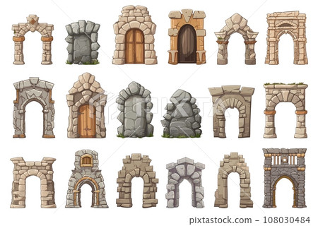 Stone medieval gates. Isolated arch gate with wooden doors. Cartoon game elements, decorative ancient arches vector collection 108030484