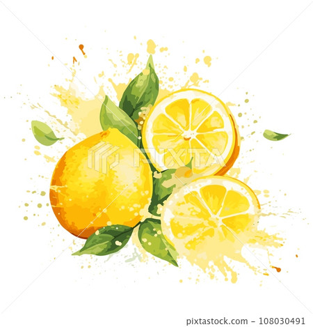 Juicy lemons watercolor composition. Lemon and juice splashes, colorful liquid vector concept. Fresh vitamin concept, seasonal lemonade design 108030491