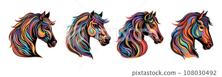 Horses heads neon elements. Abstract horse portraits, isolated farm animal mascots design. Strong independent mustangs, vector icons Horses heads neon elements. Abstract horse portraits, isolated farm animal mascots design. Strong independent mustangs, vector icons 108030492