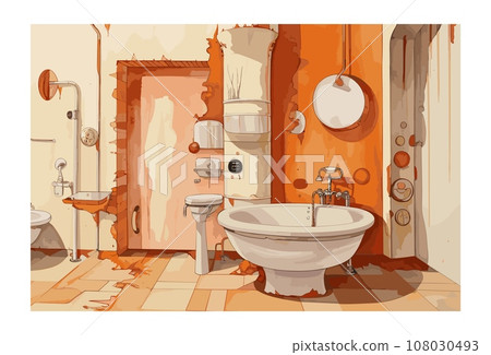 Futuristic watercolor drawing bathroom interior. Walls with paint creeks and spots, cracks and pipes. Simple grunge vector graphic art 108030493