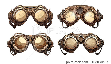 Eye glasses steampunk set. Decorative oculars, stylish sketch glasses isolated on white. Vintage trendy vector drawing elements 108030494
