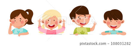 Cute Boy and Girl Characters Talking and Speaking at Table or Desk Vector Illustration Set 108031282