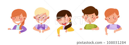 Cute Boy and Girl Characters Talking and Speaking at Table or Desk Vector Illustration Set 108031284