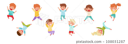 Happy Kids Jumping with Hands Raising Up Cheering and Rejoicing Vector Set 108031287