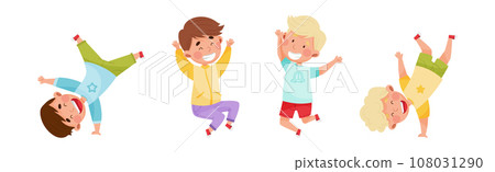 Happy Kids Jumping with Hands Raising Up Cheering and Rejoicing Vector Set 108031290