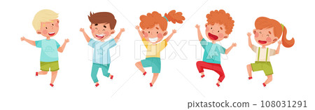 Happy Kids Jumping with Hands Raising Up... - Stock Illustration ...