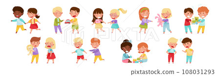 Friendly and Hostile Kids Playing Together Vector Illustration Set Friendly and Hostile Kids Playing Together Vector Illustration Set 108031293