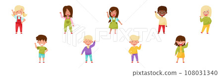 Children Character Greeting Waving Hand and Smiling Vector Set Children Character Greeting Waving Hand and Smiling Vector Set 108031340