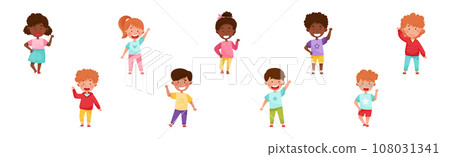 Children Character Greeting Waving Hand and Smiling Vector Set Children Character Greeting Waving Hand and Smiling Vector Set 108031341