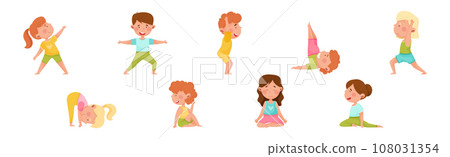 Kid Characters Doing Yoga Standing in Different Asana Vector Set Kid Characters Doing Yoga Standing in Different Asana Vector Set 108031354