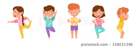 Kid Characters Doing Yoga Standing in Different Asana Vector Set Kid Characters Doing Yoga Standing in Different Asana Vector Set 108031396