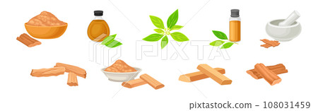 Sandalwood Tree Plant Branch with Timber and Oil Jar Vector Set Sandalwood Tree Plant Branch with Timber and Oil Jar Vector Set 108031459